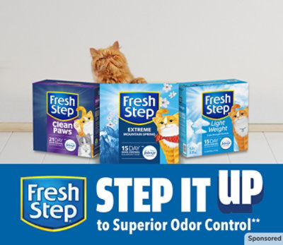 Fresh Step packages. Fights 100% of odors. Step it Up to superior odor control.