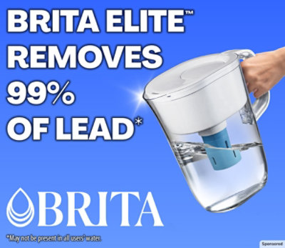Brita Pitcher, filter and Brita logo on a blue background. 