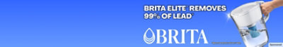 Brita pitcher, filter and Brita logo on a blue background. 