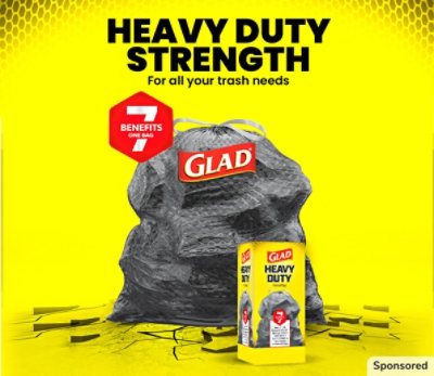 Black Glad trash bag with package on yellow background. Headline: Heavy duty strength.