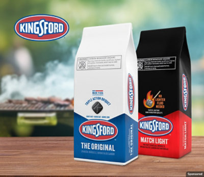 Kingsford and Matchlight charcoal featured next to a charcoal grill. 