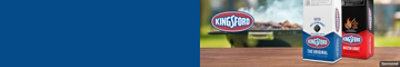 Kingsford and Matchlight charcoal featured next to a charcoal grill. 