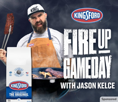 Jason Kelce grilling with Kingsford product. Fire up game day with Jason Kelce.
