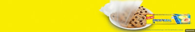 Glad Press 'N Seal Wrap shown next to a plate of cookies with plastic wrap on a yellow background. 