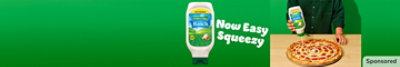 Hidden Valley Ranch bottle and large pizza with headline Now Easy Squeezy. 