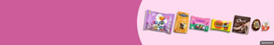 Reese's, Brachs and other candy brands on a pink background. 