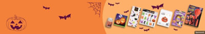 Village Candle, Super Gel Clings and other halloween products on an orange background.