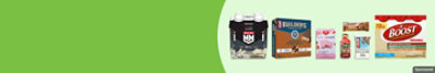 CLIF, Boost and other nutrition products on a green background. 