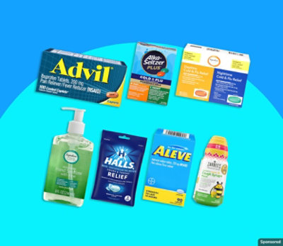 Advil, Halls, and other cough and cold products on a blue background.