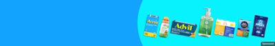 Advil, Halls, and other cough and cold products on a blue background.