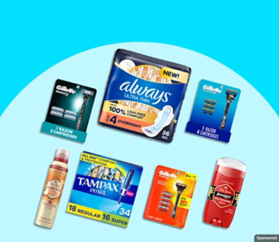 Always, Tampax, and other personal care products on a blue background.