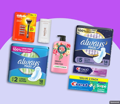 Always, Crest, and other personal care items on purple background.