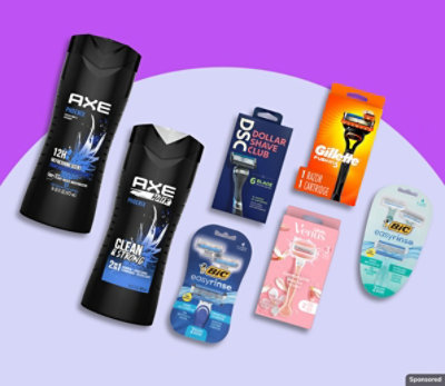 AXE, Gillette, and other personal care brands on purple background.