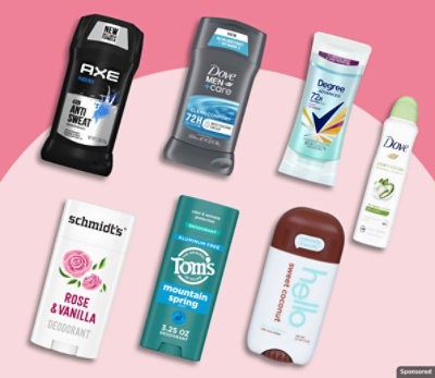 Dove products and others on a pink background.