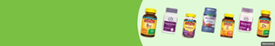 NatureMade and other vitamin brands on a green background.