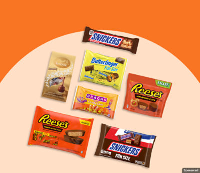 Reese's, Brach's, and other candy brands on orange background.