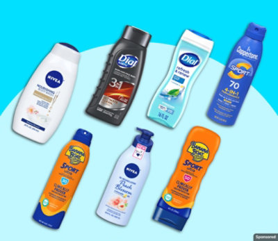 Dial, Banana Boat, and other personal care products on blue background.