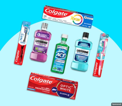 Colgate, Listerine, ACT brands on a blue background.