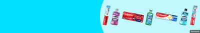 Colgate, Listerine, ACT, and other brands on blue background.