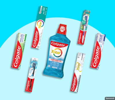 Colgate oral care products on a blue background.