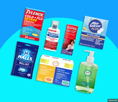Halls, Tylenol, and other wellness care products on a blue background.