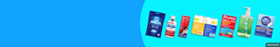 Halls, Tylenol, and other wellness products on a blue background.