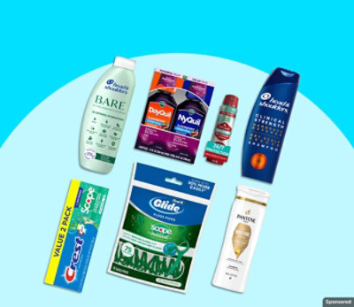 Crest, Pantene, and other personal care brands on a blue background.