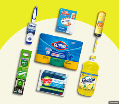 Swiffer, CLOROX, and other cleaning brands on yellow background.