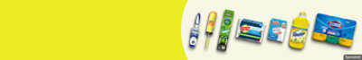 Clorox, Swiffer, and other cleaning brands on yellow background.