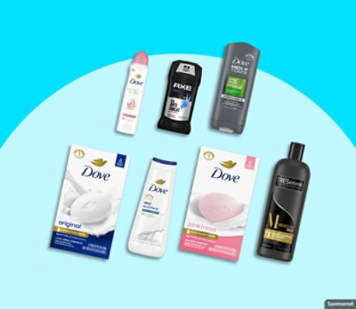 Dove, Axe, and other personal care brands on a blue background.