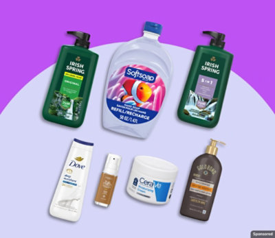 Irish Spring, Softsoap, and other personal care products on a purple background.