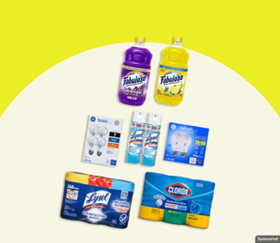 Lysol, Clorox and othe home products on a yellow background.