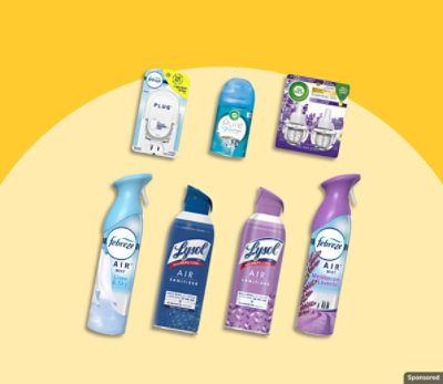 Lysol, Febreze and other air freshener products on a yellow background.