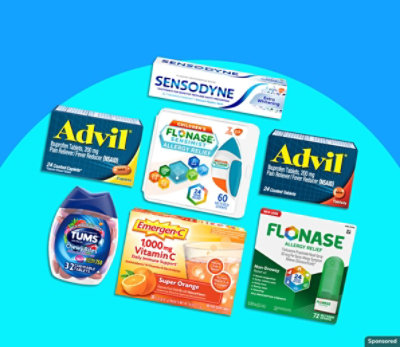 Advil, TUMS, and other wellness brands on blue background.