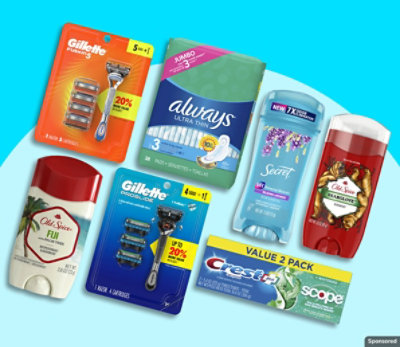Olay, Gillette, Pantene, and other personal care products on blue background.