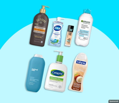 Dial, Cetaphil, and other personal care  products on a blue background.