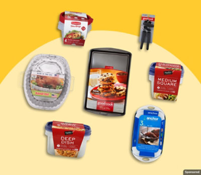 Rubbermaid, Goodcook, and other baking products on a yellow background.