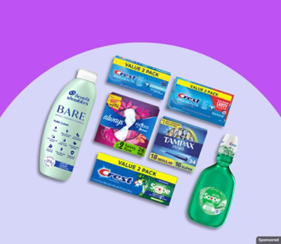 Crest, Tampax, and other personal care items on a purple background.