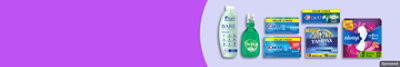 Crest, TAMPAX, and other personal care brands on purple background.