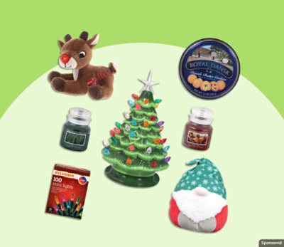 Royal Dansk, Sylvania, and other seasonal products on a green background.