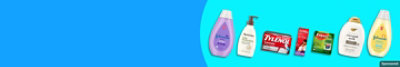 Tylenol, Aveeno, and other brands on a blue background. 