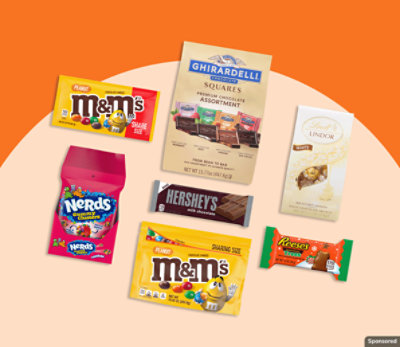 Reese's, Hershey's, and other candy brands on orange background.