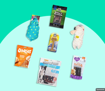 Paw Love, Oinkies, and other pet products on a sky blue background. 