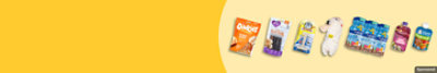 Paw love , Pediasure and other pet and baby products on an orange background.