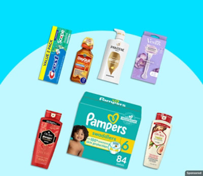 Pantene, Pampers, and other personal care products on a blue background.