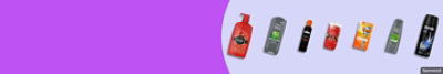 Dove, Axe and other men's personal care products on a purple background. 