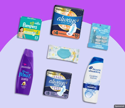 Pampers, Always, and other personal care products on a purple background. 