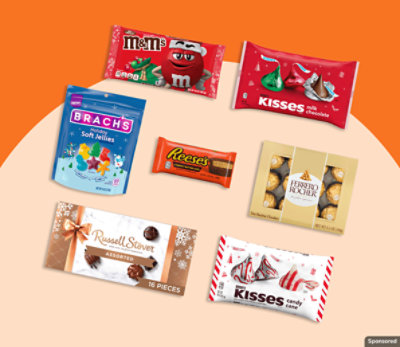 Kisses, Reese's, and other candy products on an orange background.