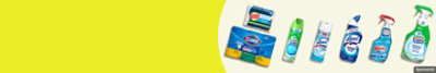 Lysol, Clorox and other cleaning products on a yellow background. 