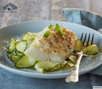 Alaska Cod Parmesan with Zucchini Noodles.